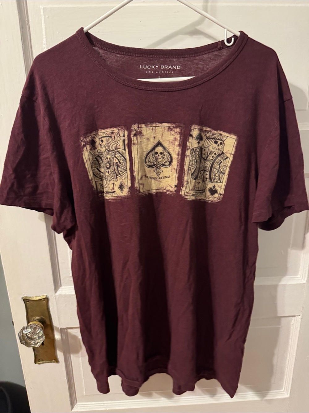 Lucky Brand Men's Burgundy Short Sleeve Tee with Playing Card Graphic